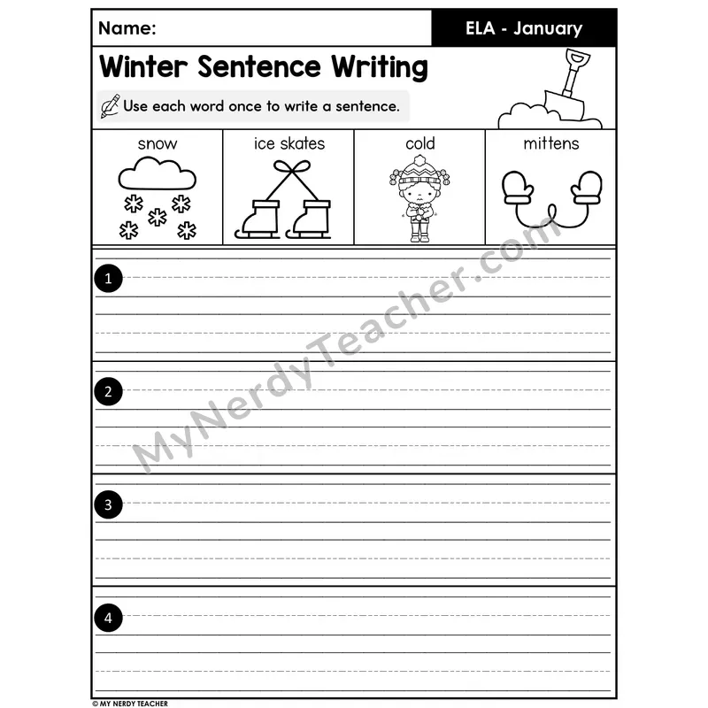 Winter Sentence Writing Worksheet — Picture-Word Prompts (Set 2)