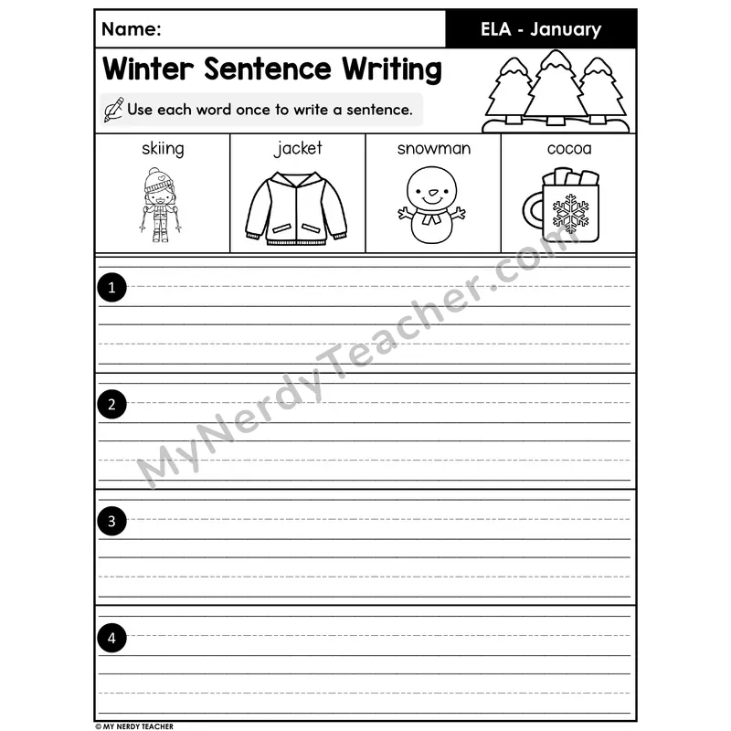 Winter Sentence Writing Worksheet — Picture-Word Prompts (Set 1)