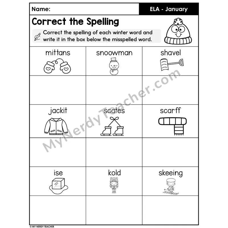 Winter Spelling Correction Worksheet — Fix the Misspelled Words