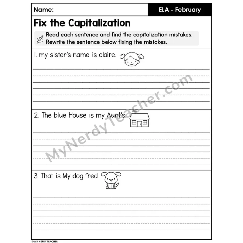 Fix the Capitalization Worksheet — Rewrite the Sentences (Set 1)