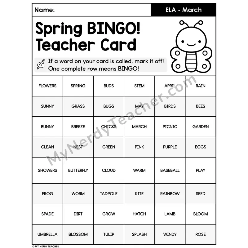 Spring Vocabulary BINGO Game — 8 Player Cards Plus Teacher Card
