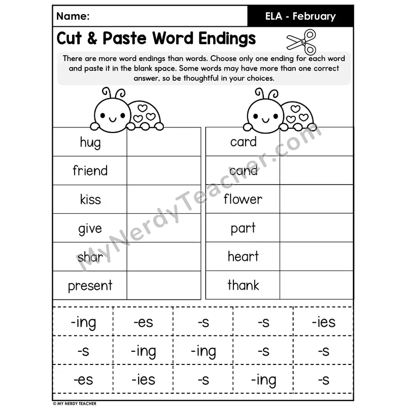 Inflectional Word Endings Cut and Paste — -s, -es, -ing, -ies