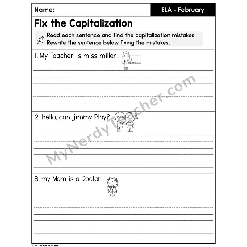 Fix the Capitalization Worksheet — Rewrite the Sentences (Set 2)