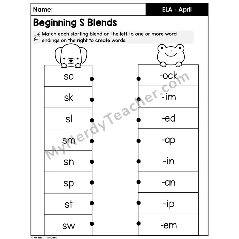 Beginning S-Blends Word Building Worksheet — Match Blends to Endings