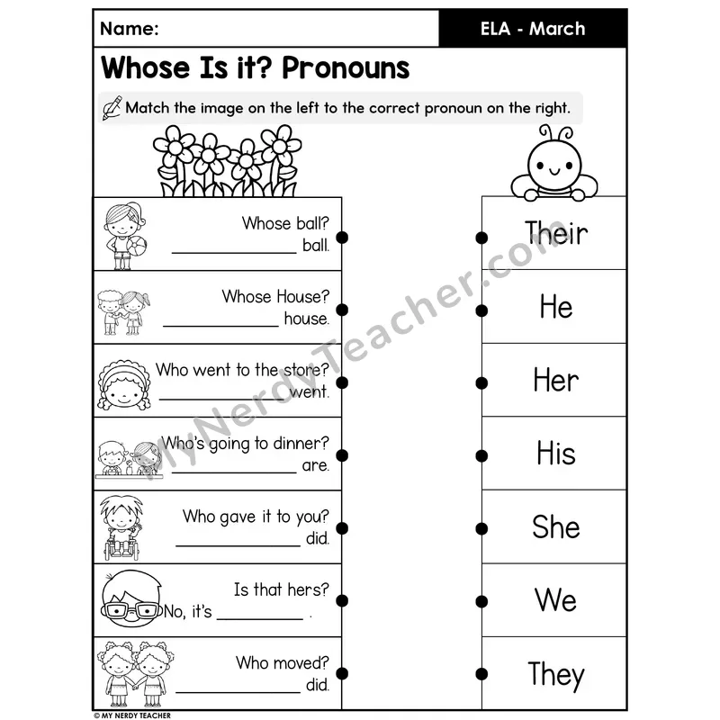 Pronoun Matching Worksheet — Personal and Possessive Pronouns