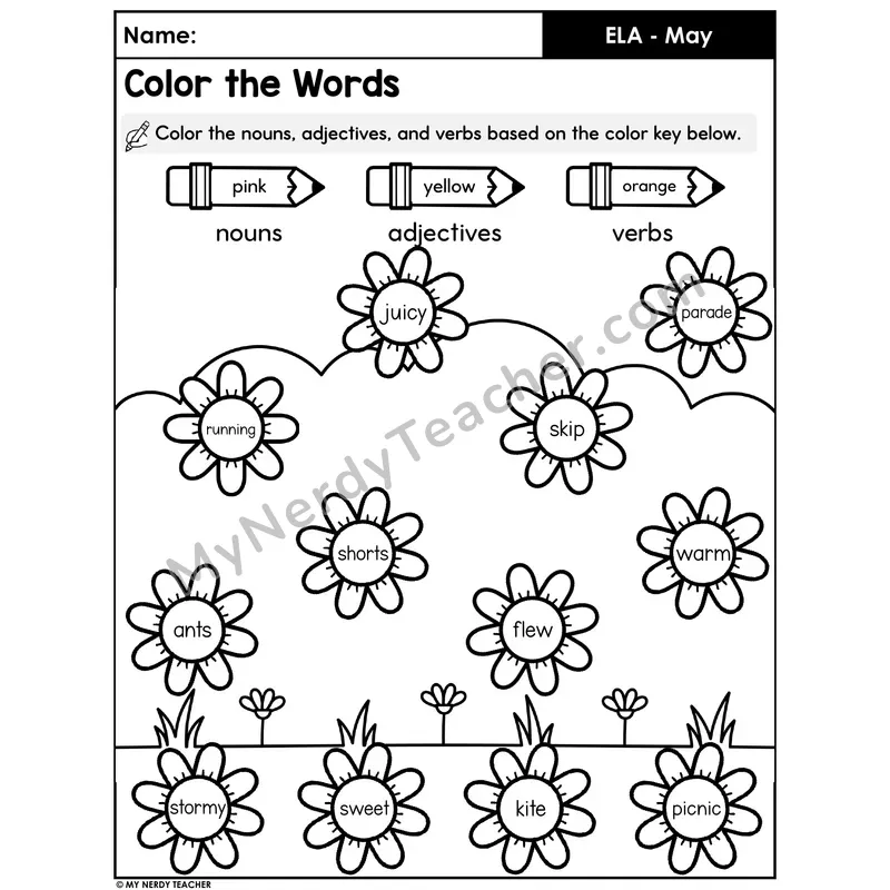 Spring Parts of Speech Color Code — Nouns, Verbs, Adjectives