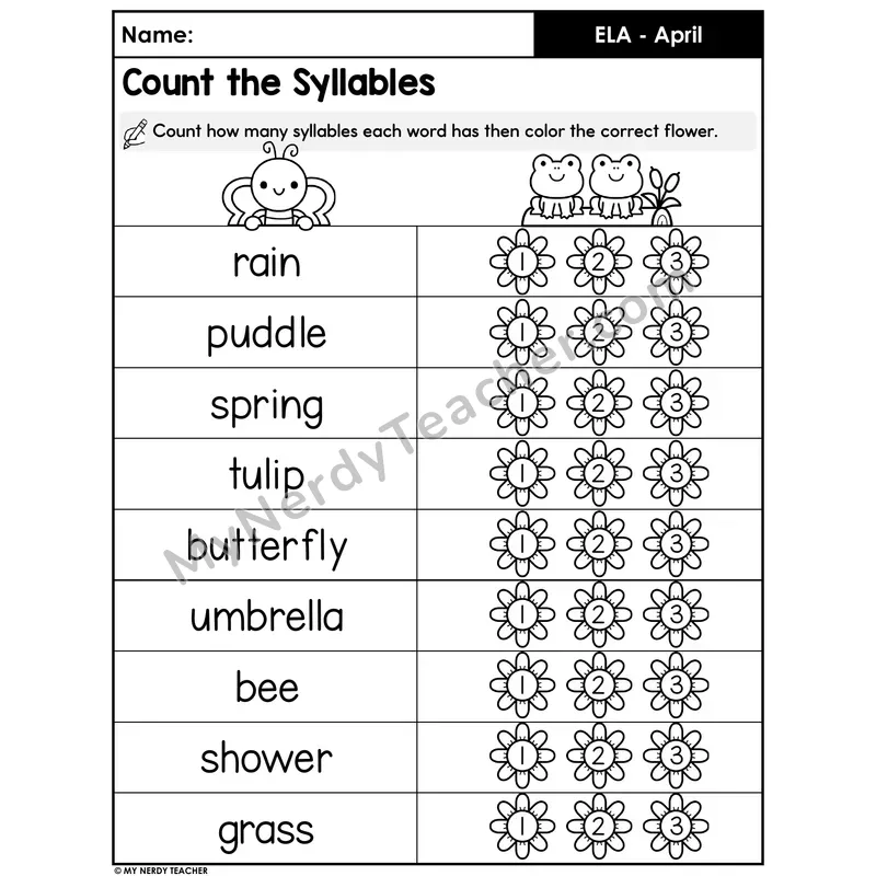 Spring Syllable Counting Worksheet — Color the Correct Number (Set 1)