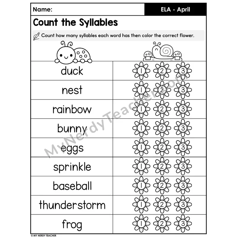Spring Syllable Counting Worksheet — Color the Correct Number (Set 2)