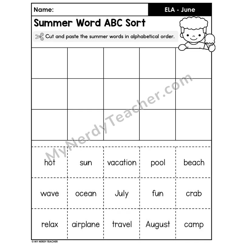 Summer Word Alphabetical Order Cut and Paste Sort