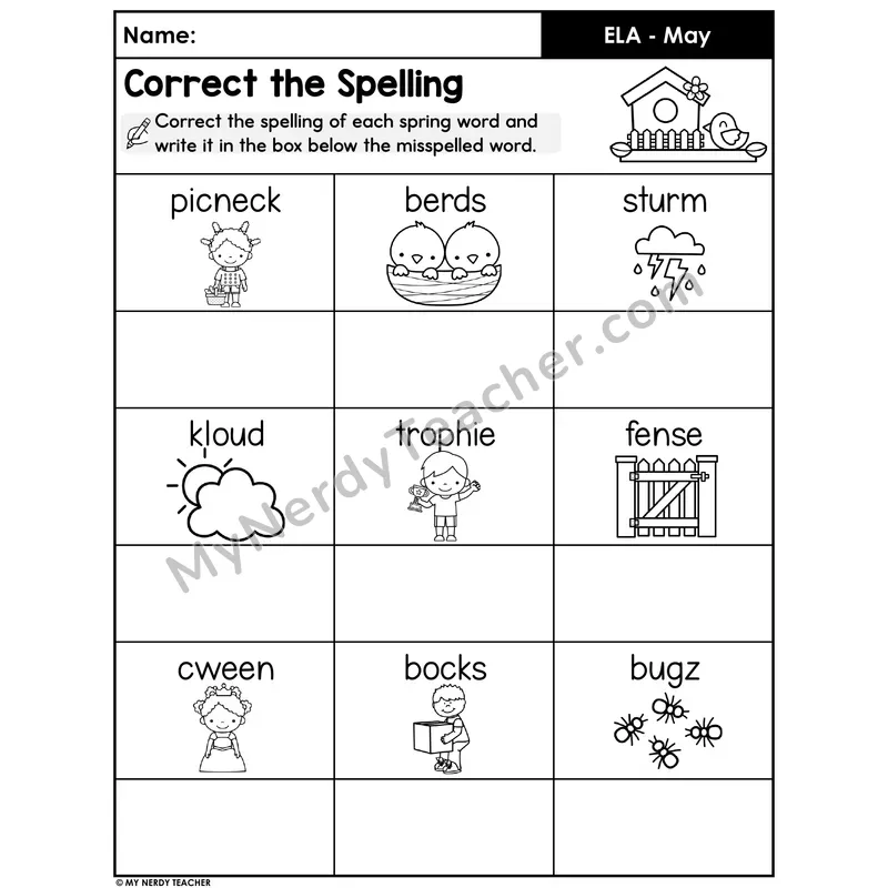 Spring Spelling Correction Worksheet — Fix the Misspelled Words