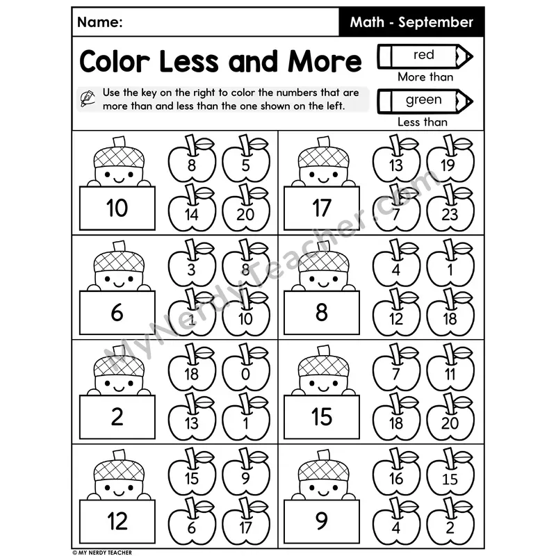 Compare Numbers — Color More Than and Less Than Worksheet
