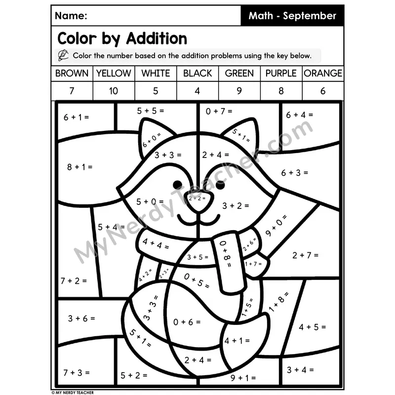 Color by Addition Within 10 — Mystery Picture Worksheet