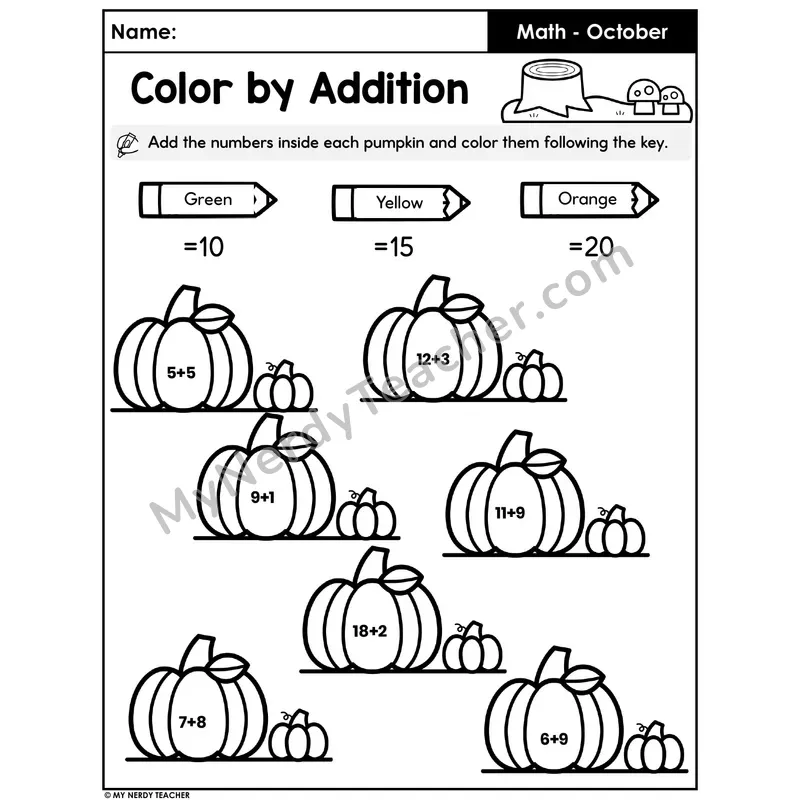 Color by Addition Within 20 — Pumpkin Sort
