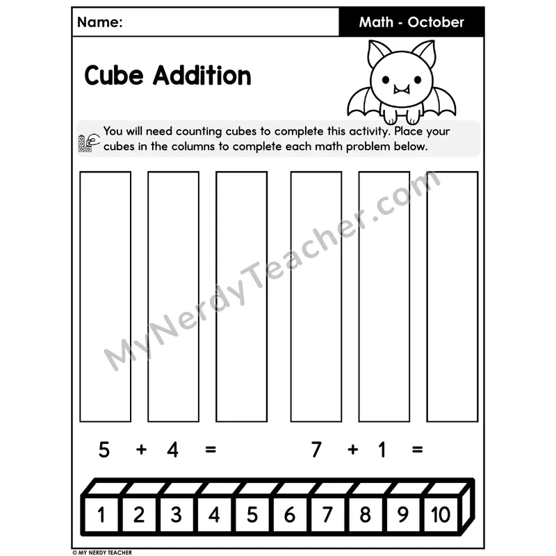 Halloween Cube Addition Worksheet — Build the Sum (Set 1)