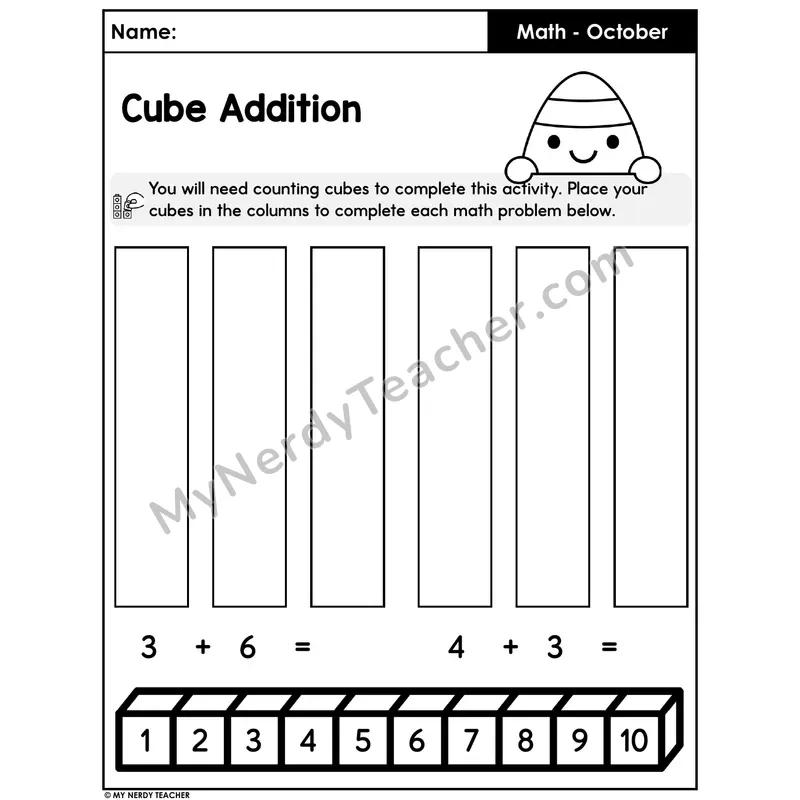 Halloween Cube Addition Worksheet — Build the Sum (Set 2)