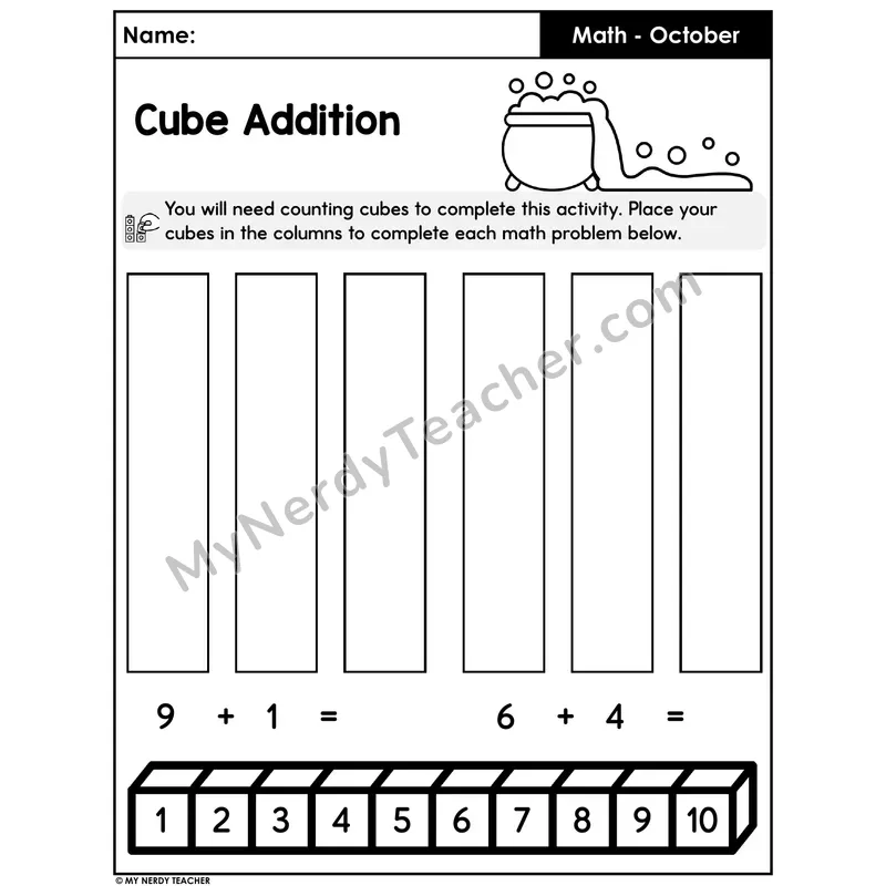 Halloween Cube Addition Worksheet — Build the Sum (Set 3)