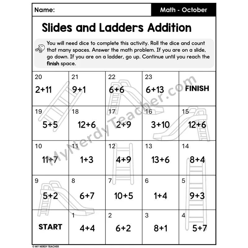 Slides and Ladders Addition Game Board — Sums to 20