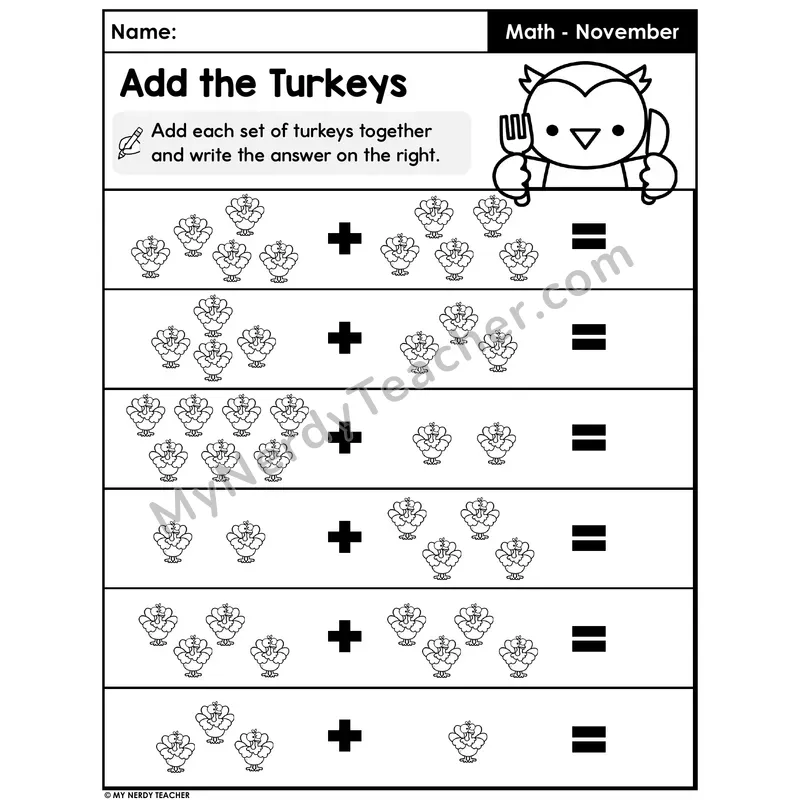 Thanksgiving Picture Addition Worksheet — Add the Turkeys