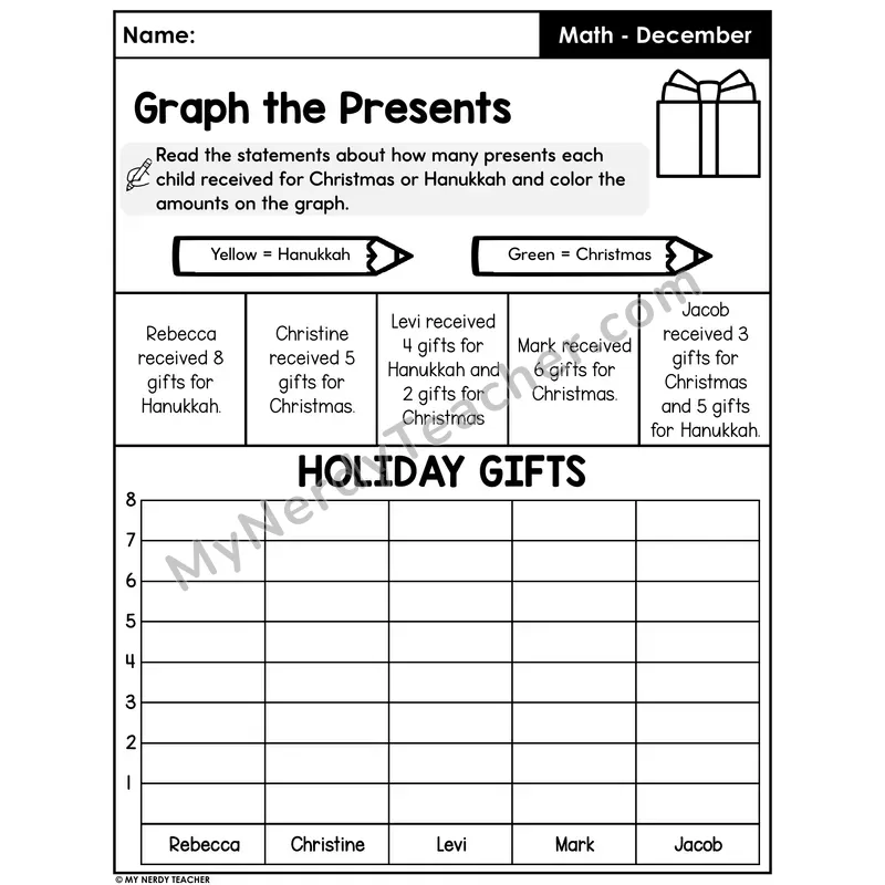 Holiday Bar Graph Worksheet — Graph the Presents (Christmas and Hanukkah)