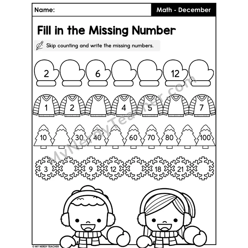 Winter Skip Counting Worksheet — Fill in the Missing Numbers