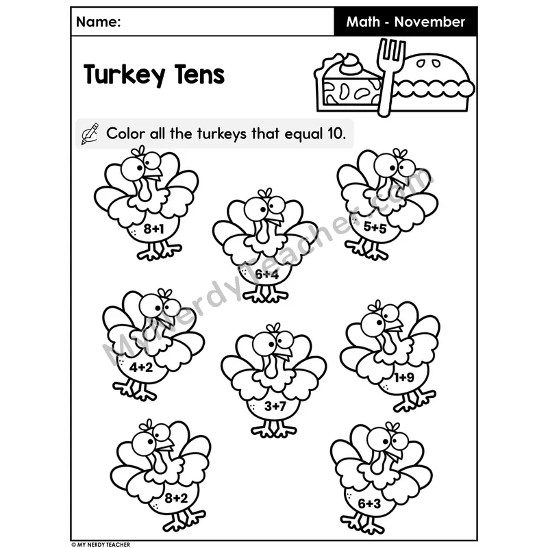 Thanksgiving Make-10 Worksheet — Color the Turkeys That Equal 10