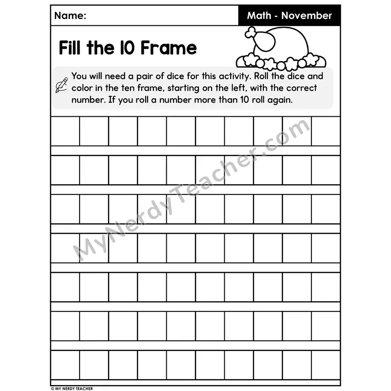 Thanksgiving Roll and Fill the 10 Frame Worksheet