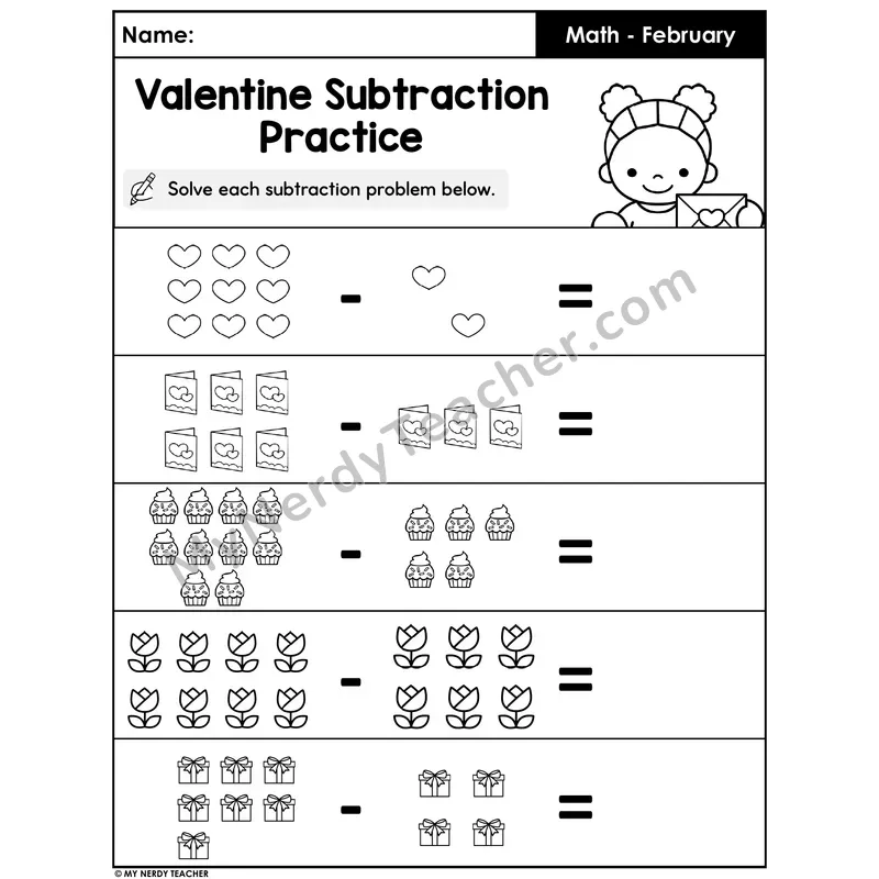 Valentine Picture Subtraction Worksheet — Take Away the Items