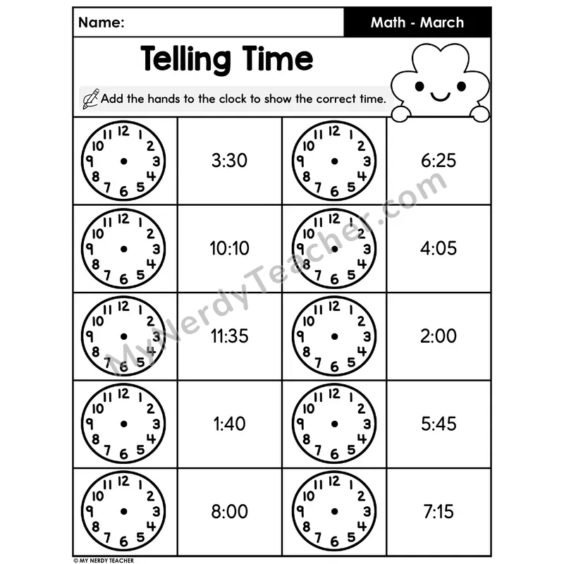 Telling Time Worksheet — Draw the Hands on the Clock