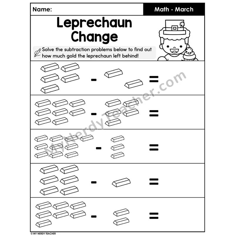 St. Patrick's Day Picture Subtraction — Leprechaun Gold