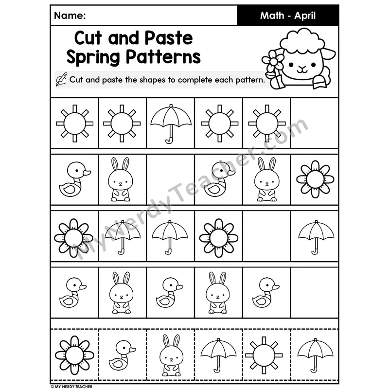 Spring Pattern Completion Cut and Paste Worksheet (Set 1)