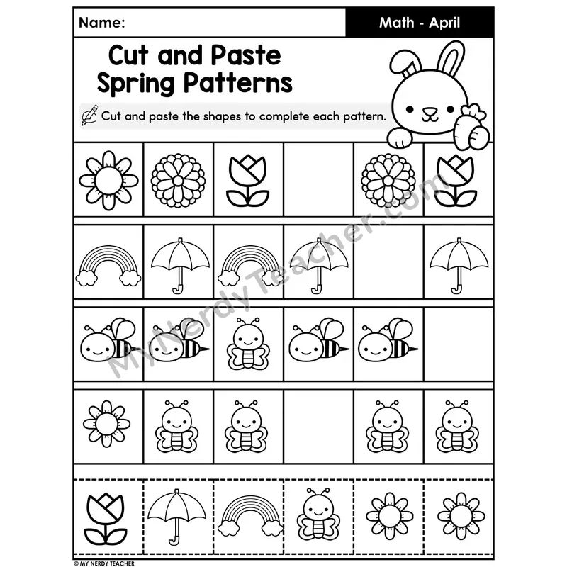 Spring Pattern Completion Cut and Paste Worksheet (Set 2)