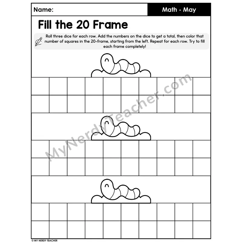 Spring Roll and Fill the 20 Frame Worksheet (Set 3)