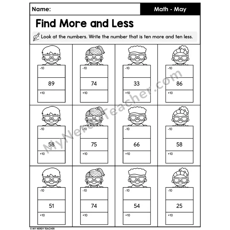 10 More 10 Less Worksheet — Two-Digit Numbers (Set 1)