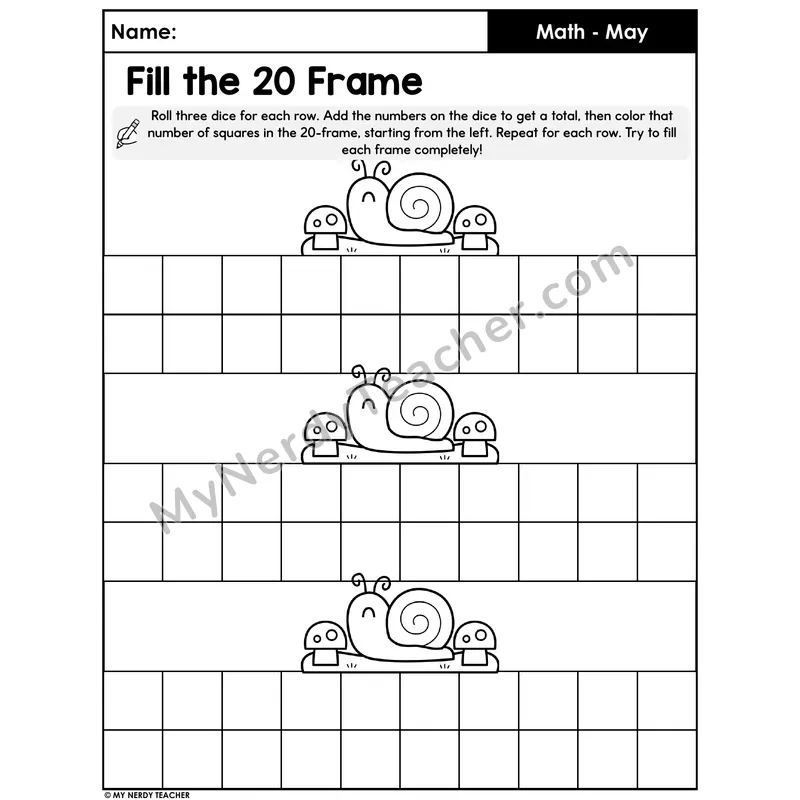 Spring Roll and Fill the 20 Frame Worksheet (Set 2)