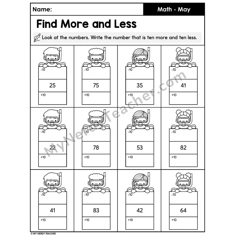 10 More 10 Less Worksheet — Two-Digit Numbers (Set 2)