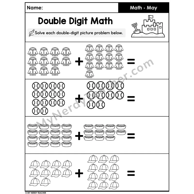 Double Digit Picture Addition Worksheet — Summer Items