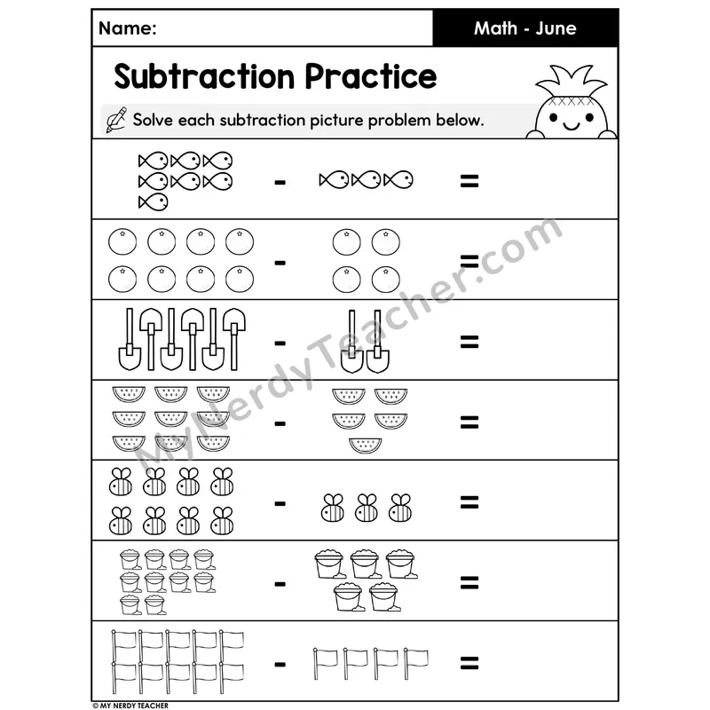 Summer Picture Subtraction Practice — Take Away the Items