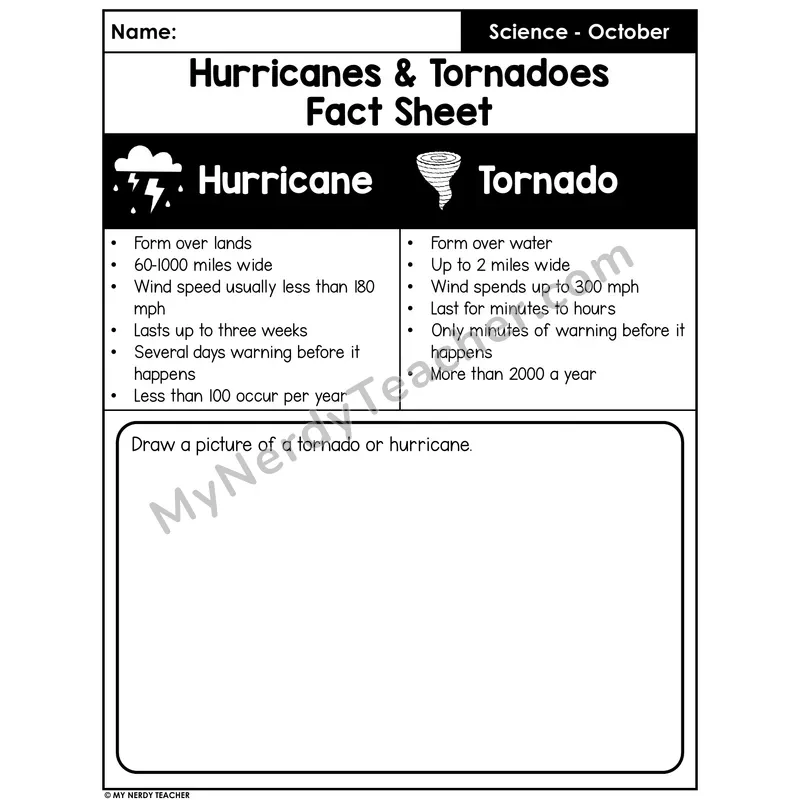 Hurricanes and Tornadoes Compare and Contrast — Fact Sheet and Cut and Paste Sort