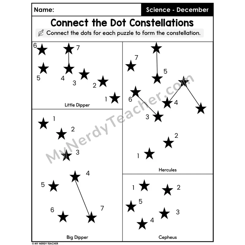 Constellation Connect-the-Dot Worksheet — Little Dipper, Big Dipper, Hercules, Cepheus