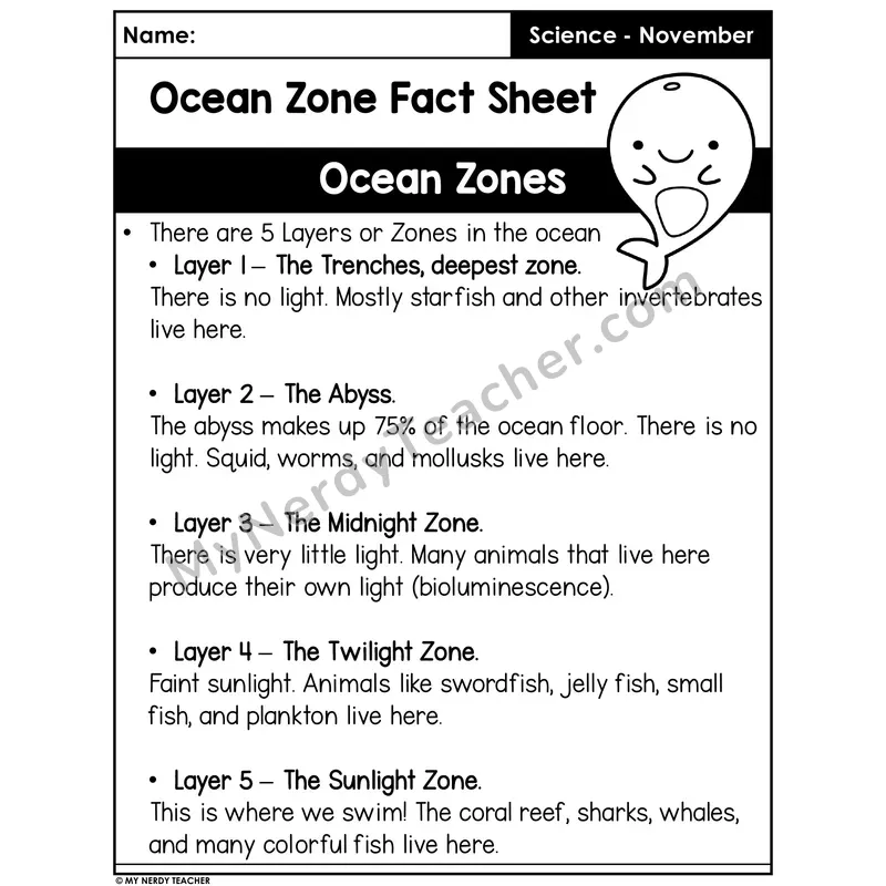 Ocean Zones Fact Sheet and Cut and Paste — 5 Layers of the Ocean