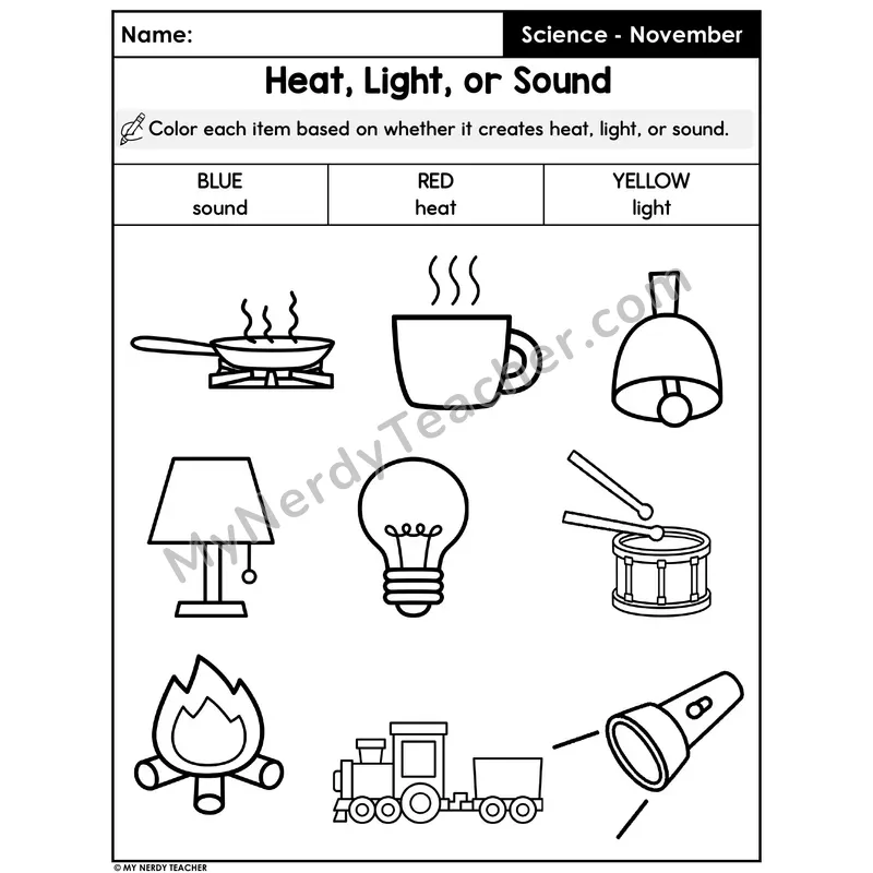 Heat, Light, or Sound — Color the Energy Source Worksheet