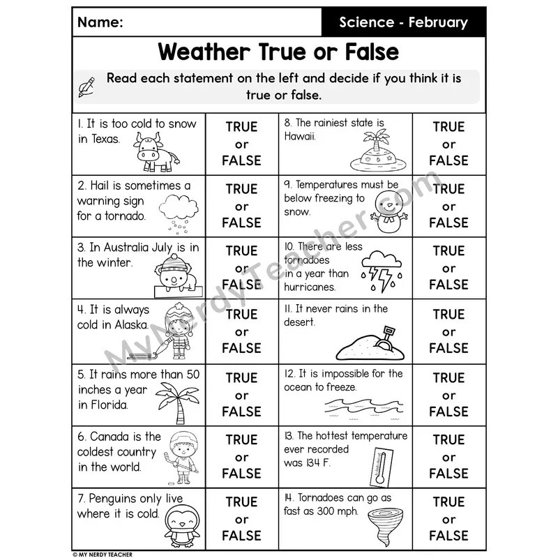 Weather True or False Worksheet — 14 Weather Facts with Answer Key