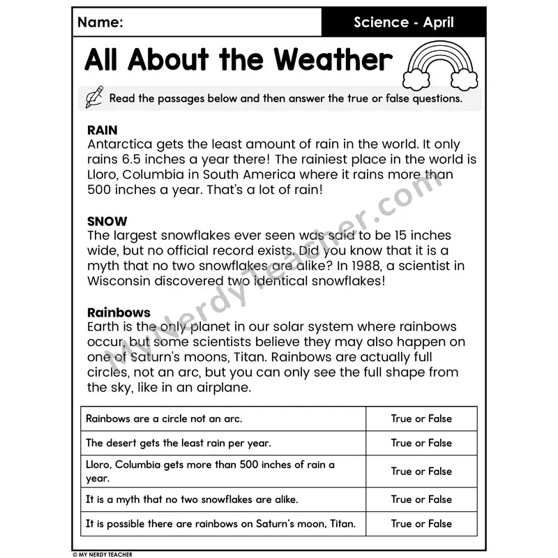 All About the Weather Reading Passage — Rain, Snow, Rainbows T/F