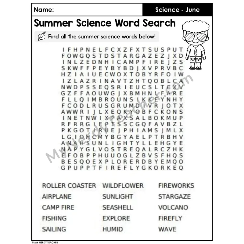 Summer Science Vocabulary Word Search with Answer Key — 15 Words