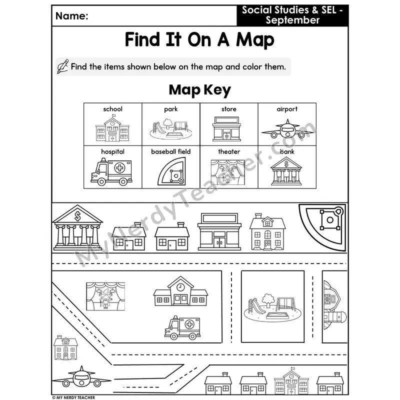 Find It on a Map Worksheet — Community Map Key Coloring