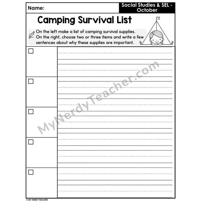 Camping Survival List Writing Worksheet — Pack and Explain