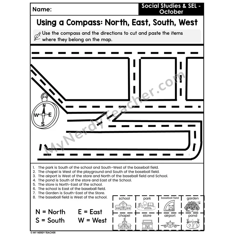 Using a Compass Worksheet — North, South, East, West Map Skills