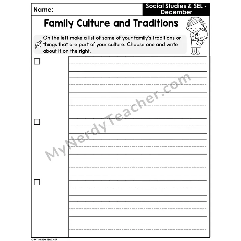 Family Culture and Traditions Writing Worksheet — List and Reflect