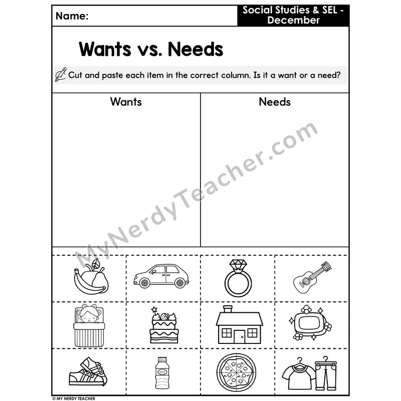 Wants vs. Needs Cut and Paste Sort — Economics for Kids