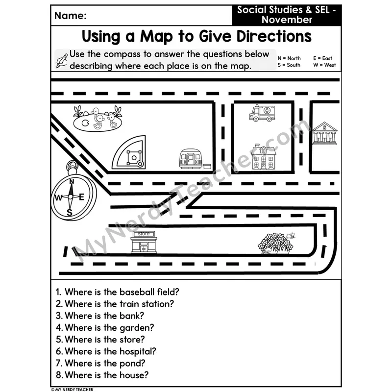 Using a Map to Give Directions Worksheet — Cardinal Directions Practice